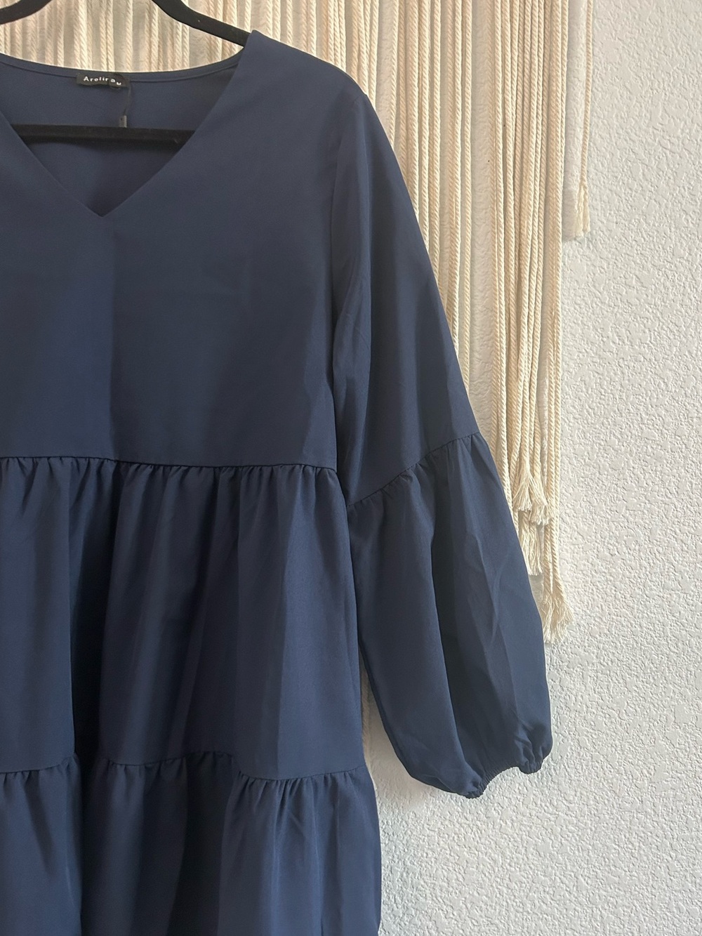 Navy Blue Tiered Babydoll Mini Dress Puff Sleeve Boho Cottagecore V Neck - Picture 7 of 14